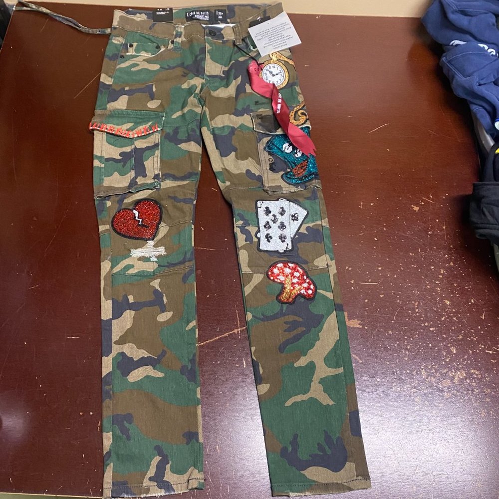 Cote De Nuits Mens Camo Designer Sequin Cargo Pocket Denim Straight Jeans 32 42